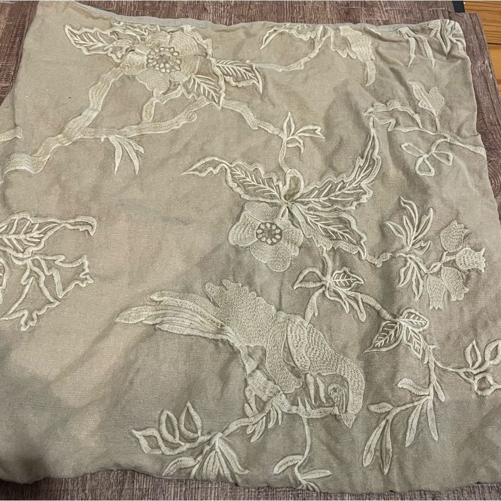 Pottery Barn Linen Cotton Bird Embroidered Tan Sham Cover